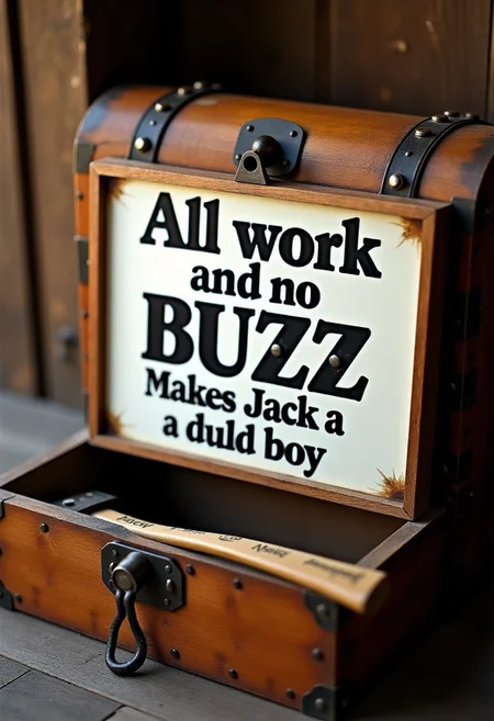a old wooden chest with a white sign with old English font that reads "All work and no BUZZ makes Jack a dull boy", the chest has a modern fireman axe beautifully engraved