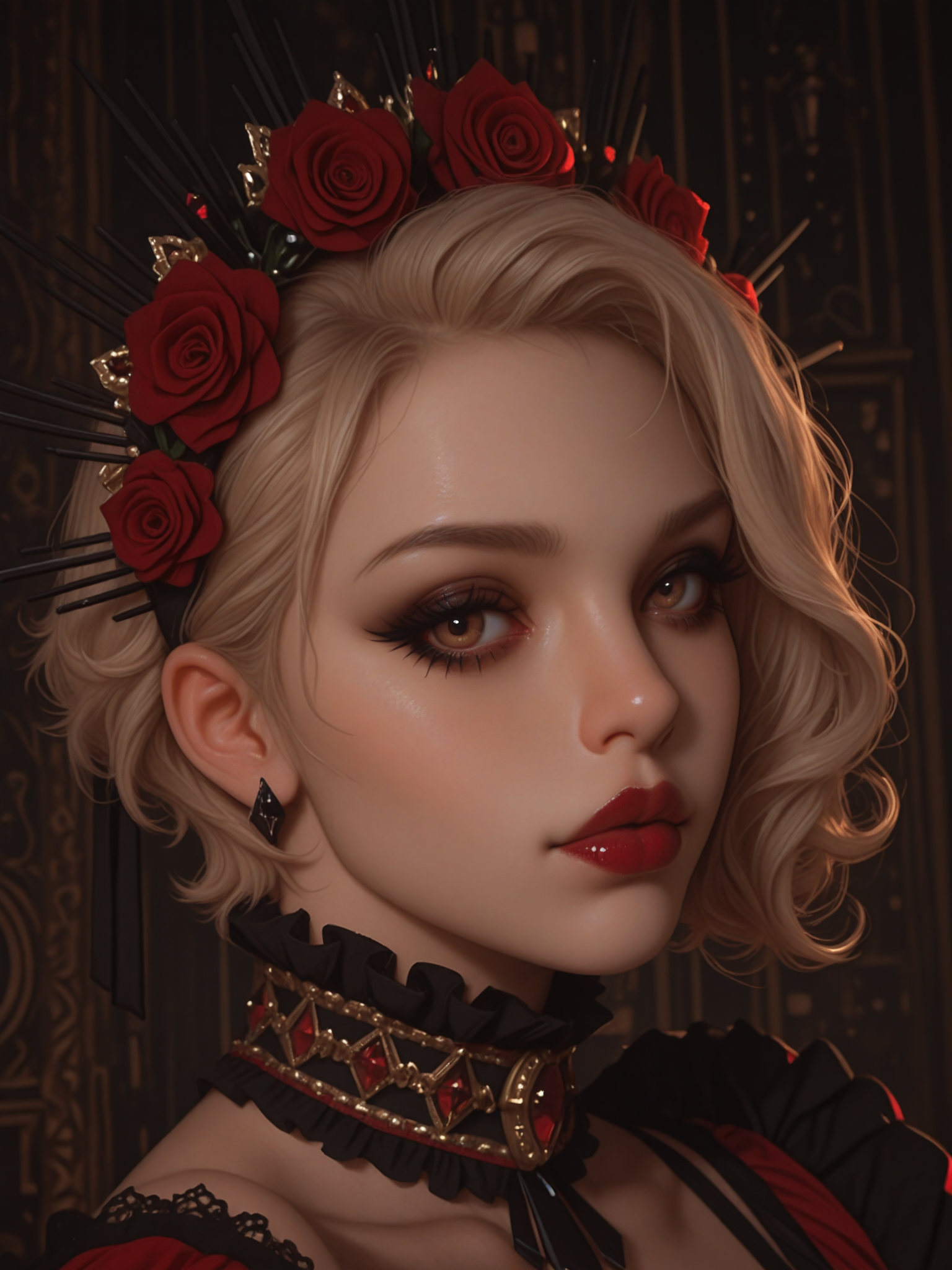 masterpiece, best quality, 1girl, portrait, (very short hair), blonde hair, curly hair, black makeup, red lips, brown eyes, <lora:carmillas_outfit_mabusius_illustrious_v1.0:0.6> carmillas outfit, carmillas collar, carmillas wreath, abstract background, <lora:MoriiMee_Gothic_Niji_Style_Illustrious_r1:0.75>, realistic, Cinematic Lighting, artist:moriimee, looking at viewer
