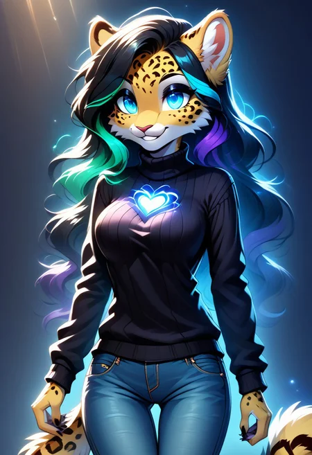 digital_media_(artwork) hi_res, score_9, score_8_up, score_7_up, score_6_up, score_5_up, score_4_up, rating_safe, beautiful, intricate, high quality details, highly detailed, anthro, furry, female, detailed textured fur, fur tufts, fluffy, slim, slender, cute, sweater, baggy denim jeans, detailed sexy eyes, coy smile, solo, SFW, leopard, long hair, multicolored hair, streaked hair, absurdres, highres, goth, heavy eyeliner, heavy eye shadow, breasts, gaming, glowing hair, glowing spots,