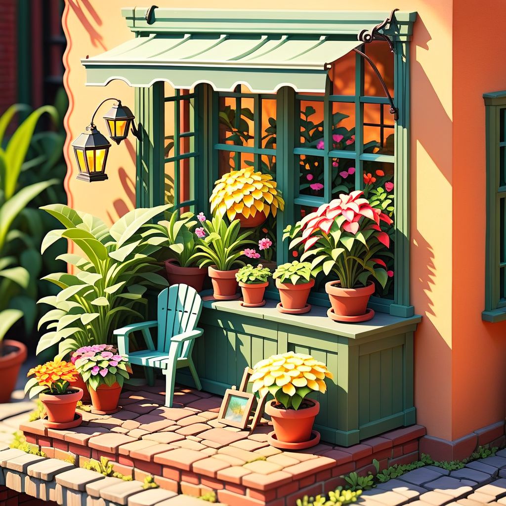 ispzxll, no humans, plant, scenery, potted plant, chair, flower pot, window, lantern, flower, isometric, miniature, diorama