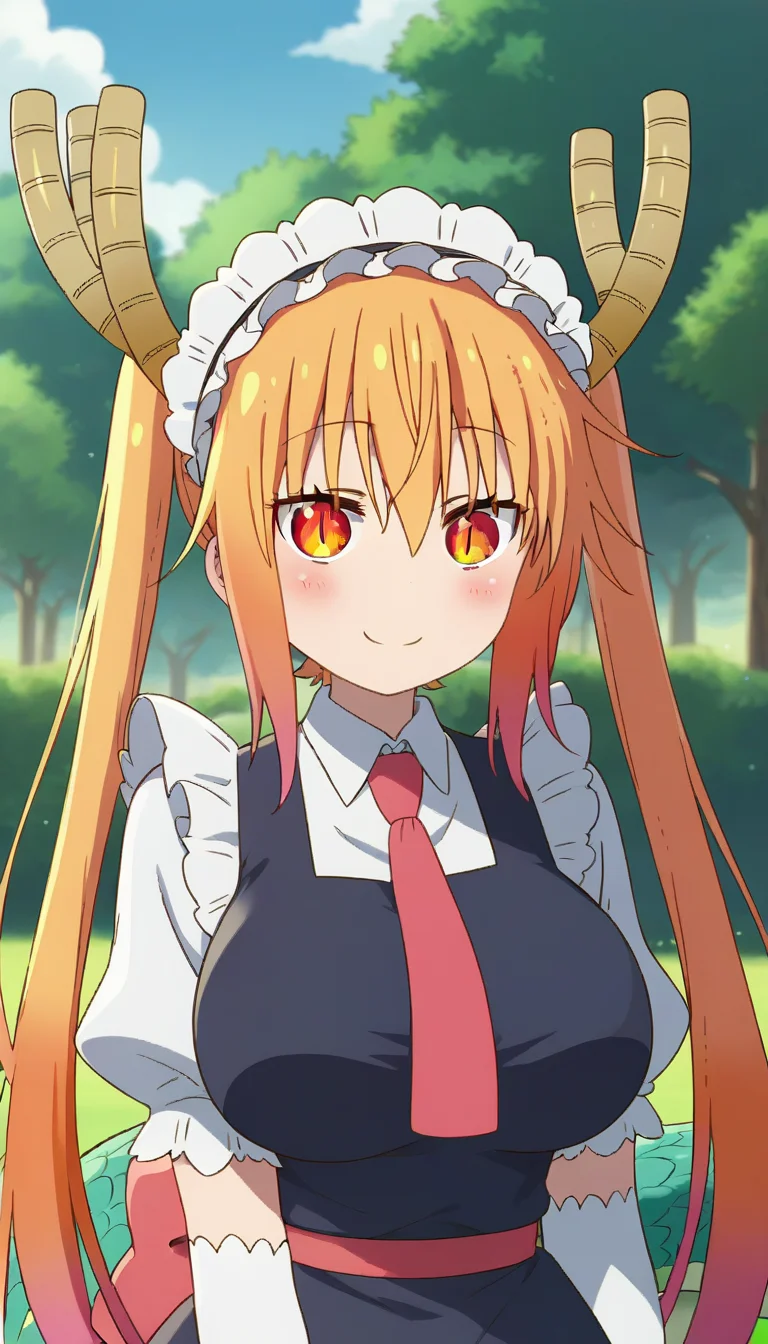score_9,score_8_up,score_7_up,score_6_up BREAK official art,solo,outdoors,upper body,(portrait:1.5),looking at viewer,facing viewer,smile,blush,tohru \(maidragon\),dragon horns,maid headdress,very long hair,orange hair,multicolored hair,twintails,sidelocks,hair between eyes,bangs,orange eyes,slit pupils,maid,blue dress,long dress,red necktie,collared shirt,white shirt,puffy short sleeves,elbow gloves,white gloves,large breasts,skindentation,frills,dragon tail,large tail,white pantyhose,brown footwear,<lora:Tohru(mkdm)-Pony:1.2>,