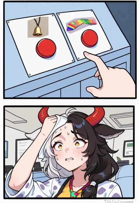 mikus-concept, hand reaching out, pointing at buttons, pointing, two red buttons, BREAK, sweating, nervous expression, wiping forehead, upper body, BREAK, comic panel,
(colorful_necktie:1.3), ushizaki_urumi, split-color hair, low-tied hair, hair over shoulder, straight hair, cross-eyed,
photo_background, office,
masterpiece, best quality, absurdres, [dynamic pose]