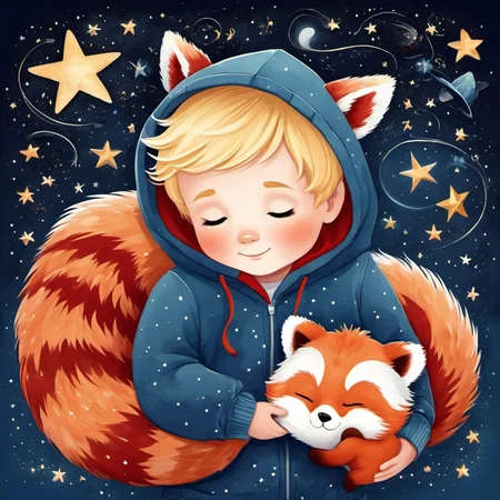 illustration, children's book, simple art of a sleeping toddler boy with short wavy blonde hair wearing a hoodie, holding a single stuffed animal red panda. dreamlike, stars, swirls, galaxy, kid