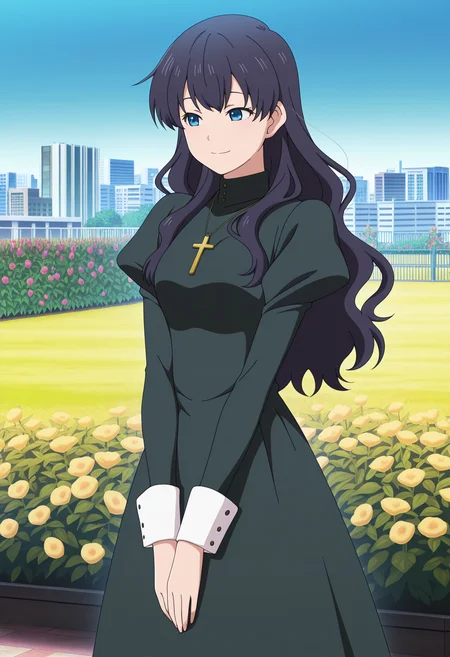 masterpiece, best quality, anime screenshot, anime, 1girl, solo, <lora:Roberta [Illustrious] Black Lagoon:1>, RTE, blue eyes, black hair, long hair, wavy hair, black dress, long sleeves, juliet sleeves, cross necklace, outdoors, city, smile, garden, blue sky, flower,