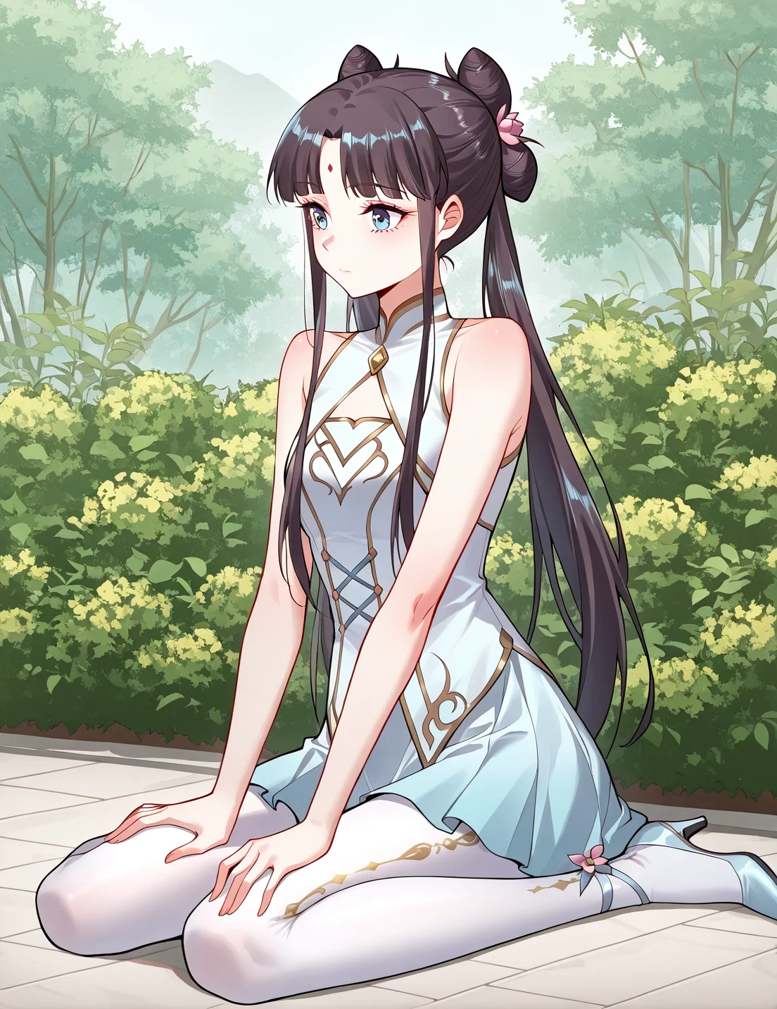 <lora:Gu_Xianer:1>
1 girl, solo, long hair, black hair, twintails, long hair, hair bun, bangs, sidelocks, double bun, blue eyes
chinese dress, forehead mark, skirt, high heels, bare shoulders, white pantyhose, sleeveless, hair flower, hair ornament
score_9, score_8_up, score_7_up, masterpiece, best quality, absurdres, perfect anatomy, 1girl, solo, wariza, sitting, hands on own knees, garden background