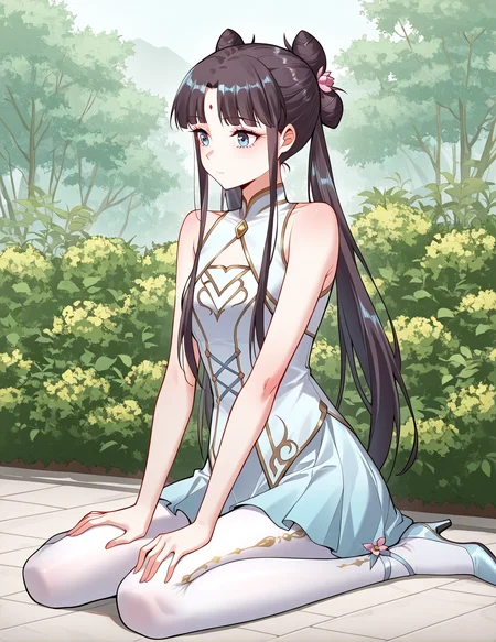 <lora:Gu_Xianer:1>
1 girl, solo, long hair, black hair, twintails, long hair, hair bun, bangs, sidelocks, double bun, blue eyes
chinese dress, forehead mark, skirt, high heels, bare shoulders, white pantyhose, sleeveless, hair flower, hair ornament
score_9, score_8_up, score_7_up, masterpiece, best quality, absurdres, perfect anatomy, 1girl, solo, wariza, sitting, hands on own knees, garden background