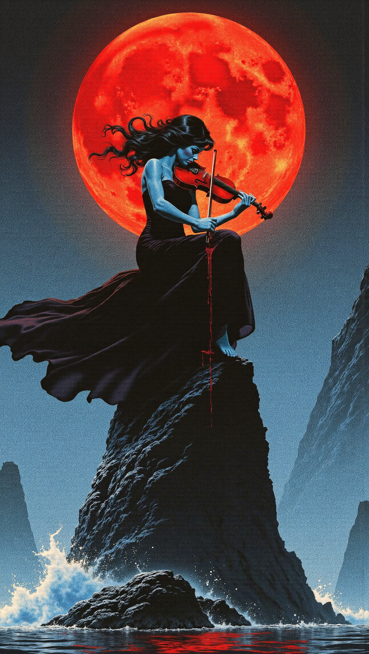 halftone dots, analog horror, a 2d illustration of a beautiful woman with blue skin and black hair in a long flowing black dress blown by the wind, standing on a tall rock in the middle of a lake at night playing a red violin, blood red moon with craters on it behind her, blood dripping from the violin, waves crashing on the rock she sits on, red light reflects off the lake, detailed face, barefoot, wave crashing behind her onto the rock, <lora:Halftone_Flux:1>  <lora:sxz-Dark-Fantasy-v2-Flux:1> drkfnts style