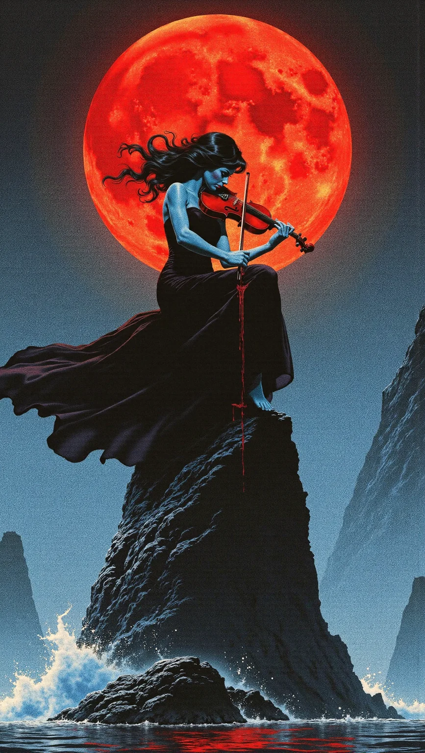 halftone dots, analog horror, a 2d illustration of a beautiful woman with blue skin and black hair in a long flowing black dress blown by the wind, standing on a tall rock in the middle of a lake at night playing a red violin, blood red moon with craters on it behind her, blood dripping from the violin, waves crashing on the rock she sits on, red light reflects off the lake, detailed face, barefoot, wave crashing behind her onto the rock, <lora:Halftone_Flux:1>  <lora:sxz-Dark-Fantasy-v2-Flux:1> drkfnts style