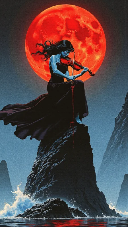 halftone dots, analog horror, a 2d illustration of a beautiful woman with blue skin and black hair in a long flowing black dress blown by the wind, standing on a tall rock in the middle of a lake at night playing a red violin, blood red moon with craters on it behind her, blood dripping from the violin, waves crashing on the rock she sits on, red light reflects off the lake, detailed face, barefoot, wave crashing behind her onto the rock, <lora:Halftone_Flux:1>  <lora:sxz-Dark-Fantasy-v2-Flux:1> drkfnts style