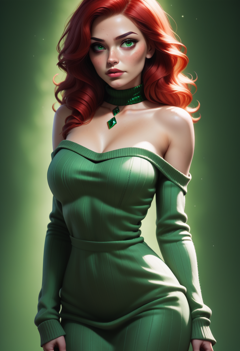score_9, score_8_up, score_7_up, 1girl, solo, cowboy shot, sexy sweater dress, green dress, scoop neck, bare shoulders, emerald choker, <lora:Dark_Autumn_Pony_v0.1:0.5> d4rk4utumn, red hair, green eyes,
