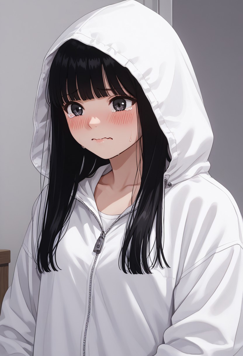 Masterpiece, Highest Quality, Score_9, Score_8_up, Score_7_up,
source_anime. anime style. masterpiece, highres, absurdres. Best resolution
1girl. Baek Dasom. black hair. long hair. blunt bangs. black eyes
solo, 1girl, collarbone, hood, jacket, blush, white hooded jacket, no clothes inside. nipple. 
embarrassed. teary eyes. wavy mouth