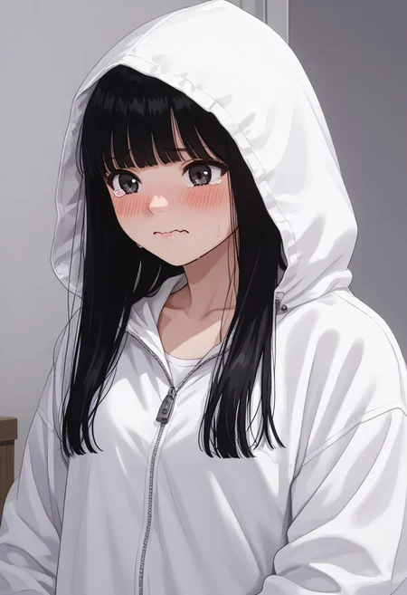 Masterpiece, Highest Quality, Score_9, Score_8_up, Score_7_up,
source_anime. anime style. masterpiece, highres, absurdres. Best resolution
1girl. Baek Dasom. black hair. long hair. blunt bangs. black eyes
solo, 1girl, collarbone, hood, jacket, blush, white hooded jacket, no clothes inside. nipple.
embarrassed. teary eyes. wavy mouth