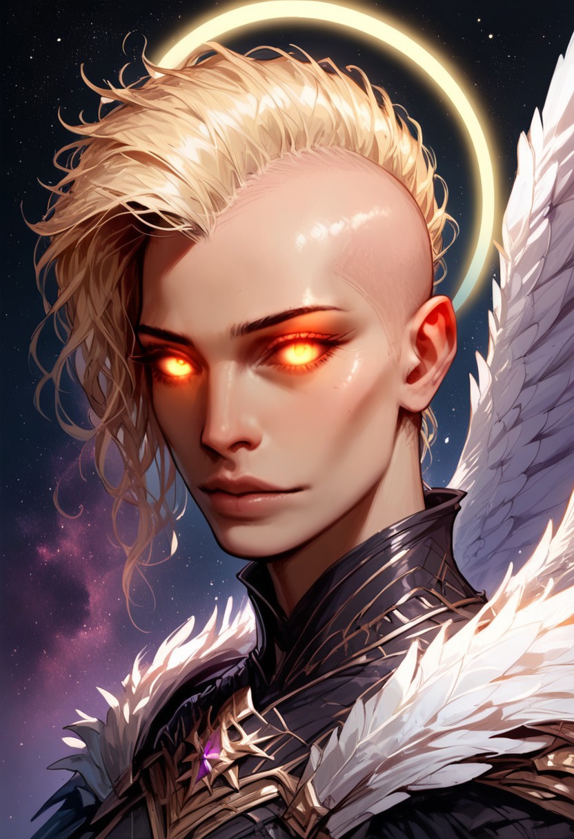 (score_9, score_8_up, score_7_up, score_6_up), (highres image, ultrares, absurdres, ultra detailed), (masterpiece:1.8), face focus, detailed faces, BREAK,
civitametapunksdxl_fem,
1girl, dynamic character design, female focus, perfect face, perfect eyes, attractive, ((beautiful)), ((druid)), ((Portrait)),  ((aasimar_fallen, white wings, golden halo, glowing eyes)), (((mohawk))), ((Shiny blonde Hair)), (Pale), (Slender, Svelte), Full Lips, Perky Breasts, Tiny Waist
BREAK
((white-Leather-Dress)), ((Interwoven Purple-Flowers and Ivy)), ((Wooden Staff with Purple Amethyst)), ((Thigh-High Boots))
BREAK
Cosmic Power, Stars, Galaxies, Nebula, Ethereal, Cinematic, Atmospheric, Detailed Background, Dramatic Lights, Concept Art, Expressiveh, ((aasimar_fallen, white wings, golden halo)), realistic, 4kFacePonyXL