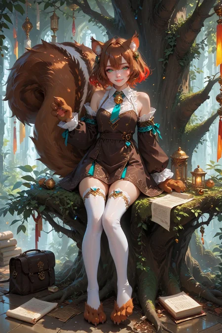 looking at viewer,detailed background,Cinematic Lighting,film grain,score_9,score_8_up,score_7_up,masterpiece,best quality,highly detailed,
<lora:(增强)sdxl_lightning_8step_lora:1>,<lora:glowneon_xl_v1:1>,glowing,<lora:add_details_xl:1>,<lora:hand 4:0.8>,hand person,<lora:Expressive_H:0.8>,Expressiveh,
<lora:Concept Art DarkSide Style LoRA_Pony XL v6:0.4>,<lora:th3rm4lXLP:0.6>,th3rm4l,colorful,
1girl,squirrel tail,animal ears,tail,squirrel ears,solo,large tail,green eyes,brown hair,multicolored hair,scroll,monster girl,bell,animal hands,full body,looking at viewer,smile,bare shoulders,blush,fluffy,brown dress,two-tone hair,dress,:3,short hair,bag,neck bell,long sleeves,white hair,squirrel girl,animal ear fluff,detached sleeves,hair between eyes,thighhighs,smug,armband,brown fur,animal feet,jingle bell,necktie,in tree,