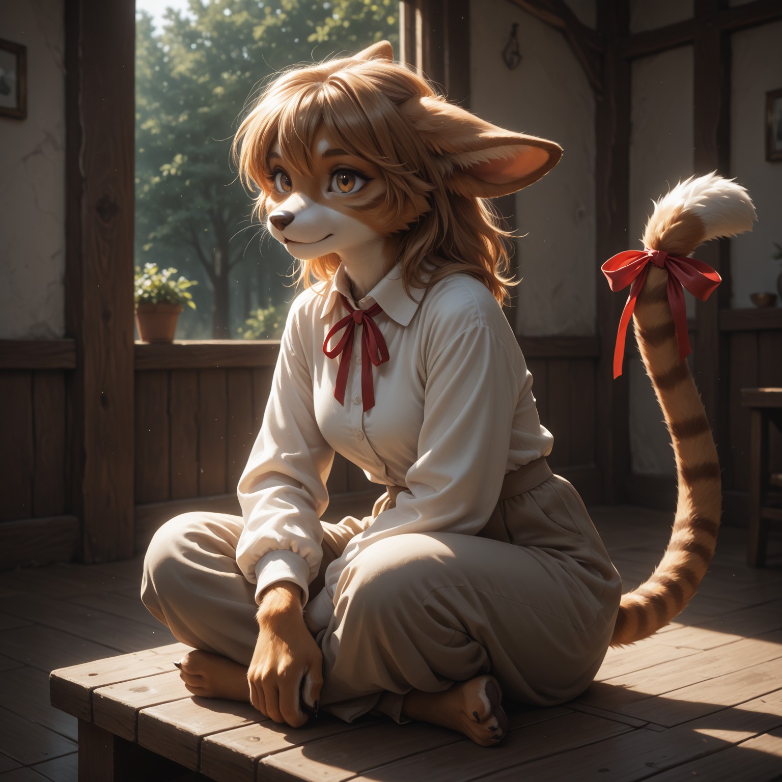 high detail, best quality, furry, ribbon tied on tail, ribbon tied around tail, ribbon on tail, ribbon attached to tail,  sitting cross-legged