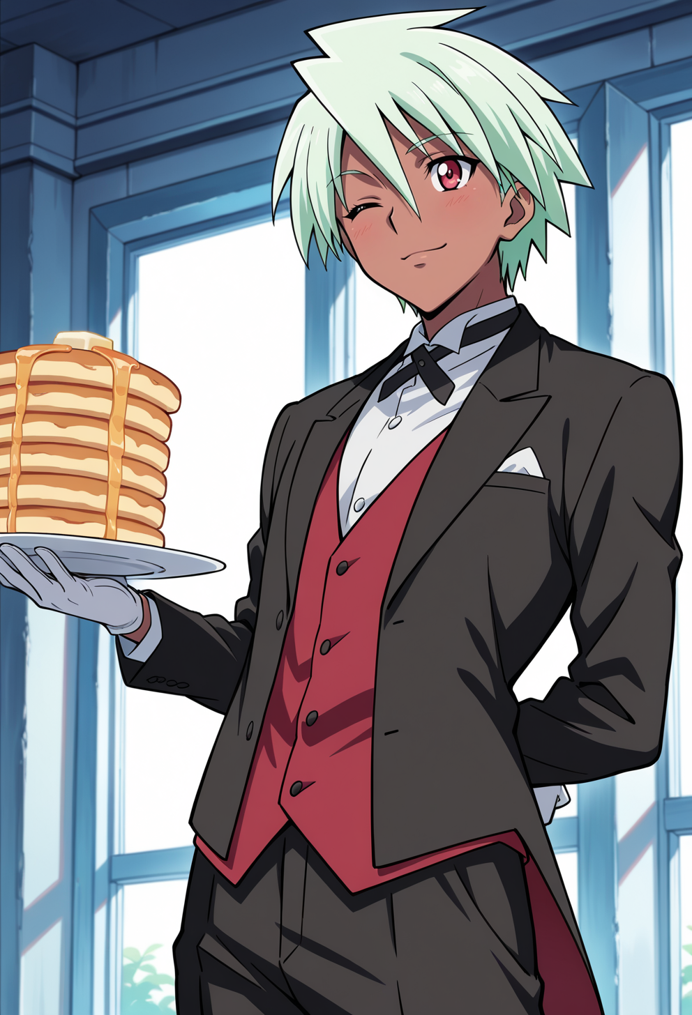 masterpiece, best quality, high quality, anime, solo, 
 <lora:AEKazuki_1:0.9> 
 AEKazukiVictor, red eyes, green hair, hair between eyes, short hair, dark-skinned male, wink, holding plate, butler, white gloves, pancake stack, arm behind back,