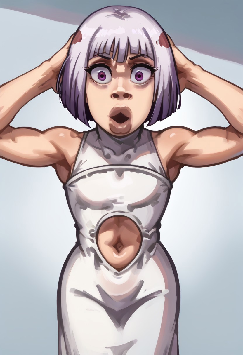 meme, eyes wide, big nostrils, thick lips, mouth agape, hands on head
uraume, bob cut, purple eyes,  white greek clothes, navel, white dress,