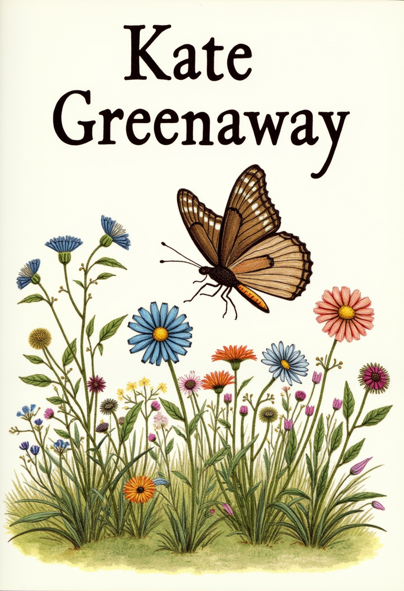 watercolor and ink illustration by Kate Greenaway. features a butterfly in a beautiful meadow with wildflowers, with large text that says "Kate Greenaway"