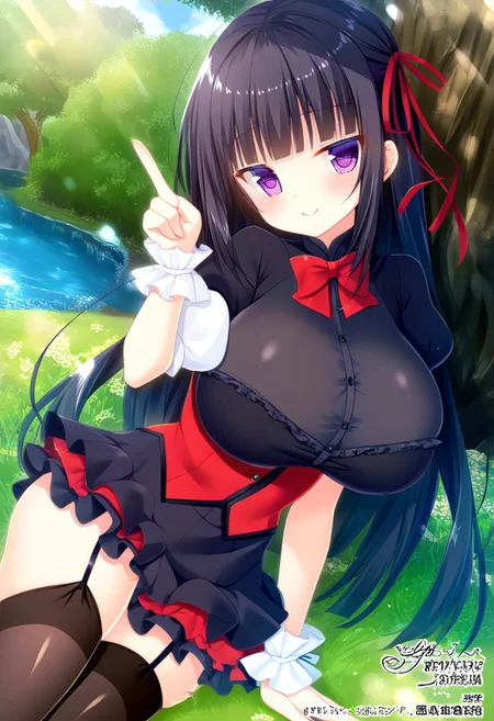 score_9, score_8_up, score_7_up, source_anime, BREAK, 
mitsumomo style, 
(cute 1girl), (solo), (huge breasts), (long hair), black hair, bangs hair, blunt bangs, (mini ribbon), hair ribbon, (purple eyes:1.1), 
frilled, (frilled white shirt), (short sleeves), (puffy sleeves), button, red bowtie, (filled), frilled mini skirt, highwaist skirt, (black thighhighs), garter belt, 
(jitome, squinted eyes), 
(smile), 
(pointing own mouth), head tilt, 
angle:random, 
outdoors, tree, grass, shiny light,