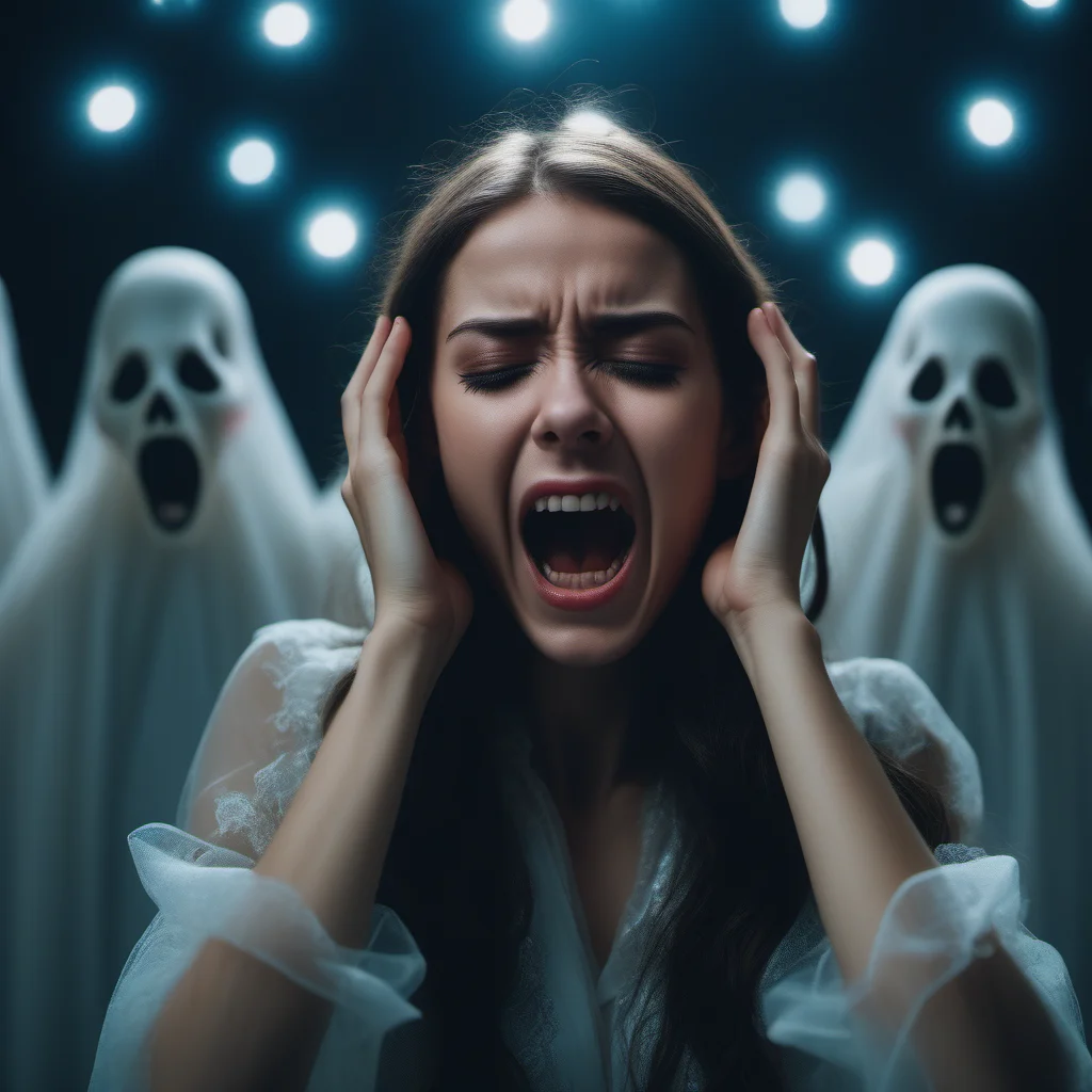 cinematic photo depiction of a schizofrenia disease in form of a girl, (she is screaming, she has closed eyes and hands on ears:1.4), (transparent ghosts are looking at her from sides:1.2) . 35mm photograph, film, bokeh, professional, 4k, highly detailed