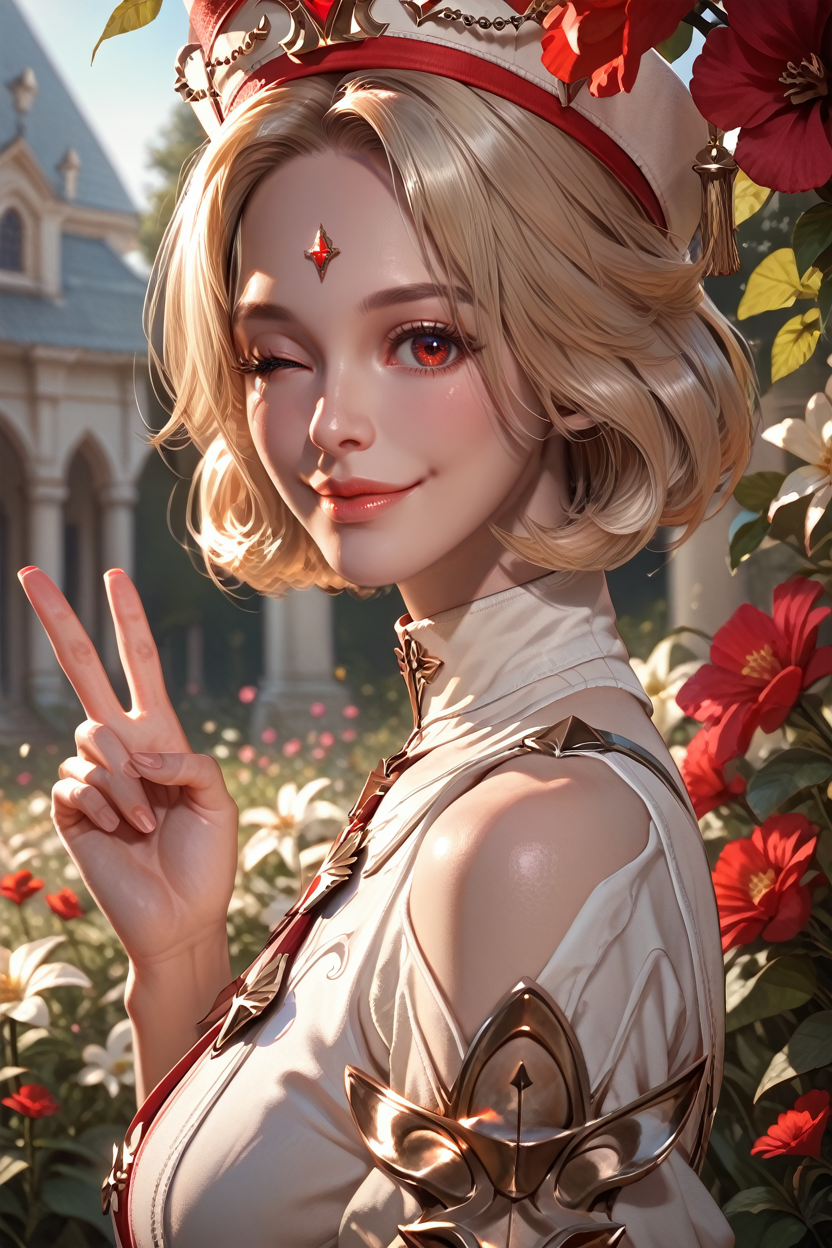 score_9, score_8_up, score_7_up, score_6_up
<lora:FPriestess:0.8>
FPriestess, 1girl, blonde hair, red eyes, short hair, looking at viewer, from side, wink, happy, smile, closed mouth, peace sign, flowers, meadow