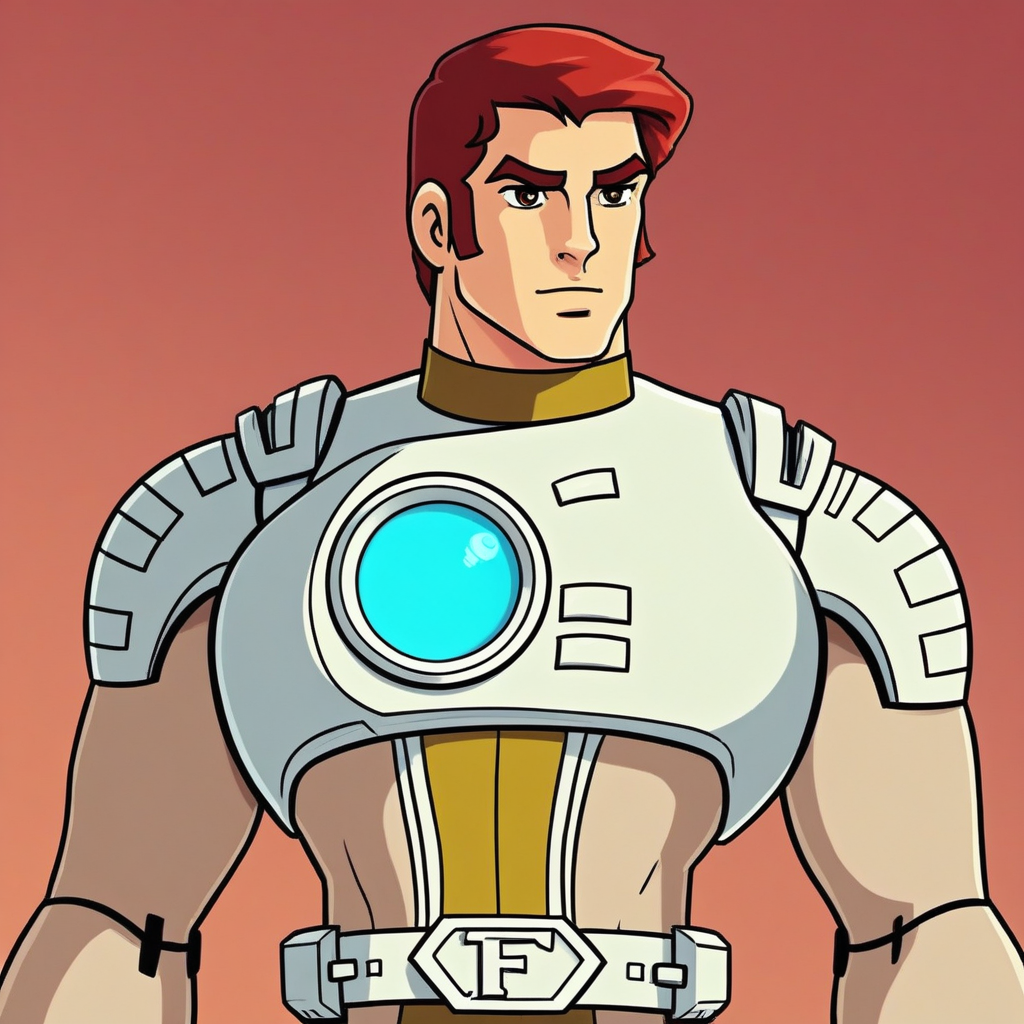 captainfuture, captfuture, cptfut,"A full-body front view of a highly fit male futuristic space adventurer with a muscular physique, wearing a sleek, skin-tight bodysuit in beige (#ceb69a) with gold (#a0872b) and white armor elements. The suit is made of high-tech synthetic fabric with a matte finish, tightly hugging the body and revealing well-defined muscles. The character has short, neatly styled red hair and thick red eyebrows, with sharp brown eyes. The chest armor features a glowing blue circular element encased in glass, resembling an energy source. White shoulder pads, chest and back armor, wrist guards, and a belt with a bold letter 'F' on the buckle enhance the futuristic look. A gold stripe runs down the center of the suit from the collar to the groin, with matching gold rings around the elbows, knees, and ankles. The hands and feet are seamlessly covered in the same bodysuit material, appearing as gloves and sleek futuristic boots in the primary beige color. Additional white armor elements are attached to the outer sides of both thighs. The background is a soft, neutral gray."