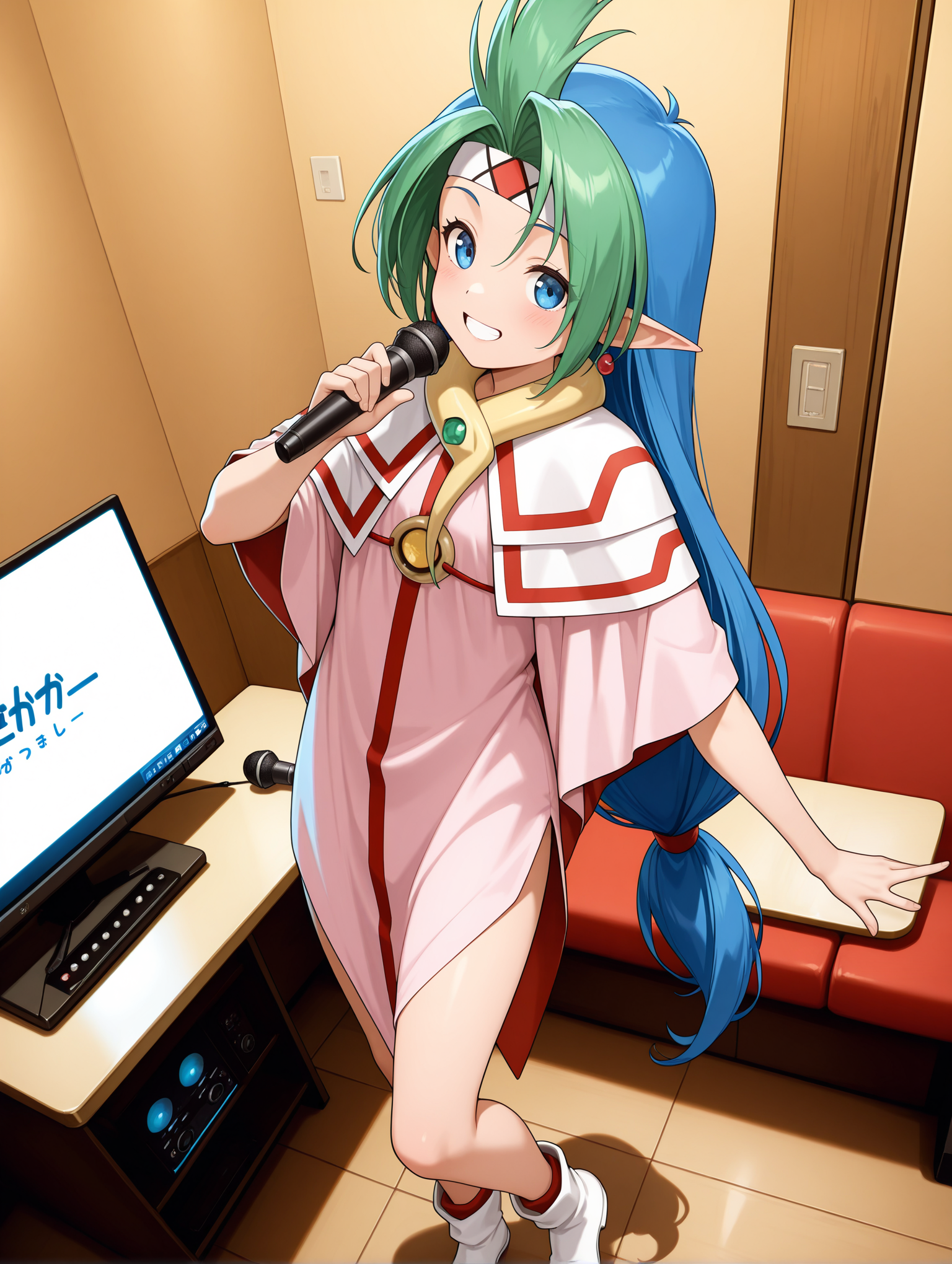 masterpiece,best quality,newest,
1girl,solo,<lora:j_karaoke_ilxl_v1:1>,j_karaoke,
<lora:elma_hoyly_ilxl_v1.4:1>,e_hb,elma,spiked hair,multicolored hair,low-tied long hair,E_clothes,white footwear,
<lora:Fixhands_anime_bdsqlsz_V1:1>,microphone,singing,standing,dynamic_angle,cinematic_angle,dutch angle,monitor,table,drinking_glass,smile,dancing,portrait,grin,