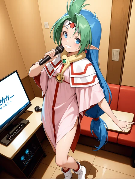 masterpiece,best quality,newest,
1girl,solo,<lora:j_karaoke_ilxl_v1:1>,j_karaoke,
<lora:elma_hoyly_ilxl_v1.4:1>,e_hb,elma,spiked hair,multicolored hair,low-tied long hair,E_clothes,white footwear,
<lora:Fixhands_anime_bdsqlsz_V1:1>,microphone,singing,standing,dynamic_angle,cinematic_angle,dutch angle,monitor,table,drinking_glass,smile,dancing,portrait,grin,