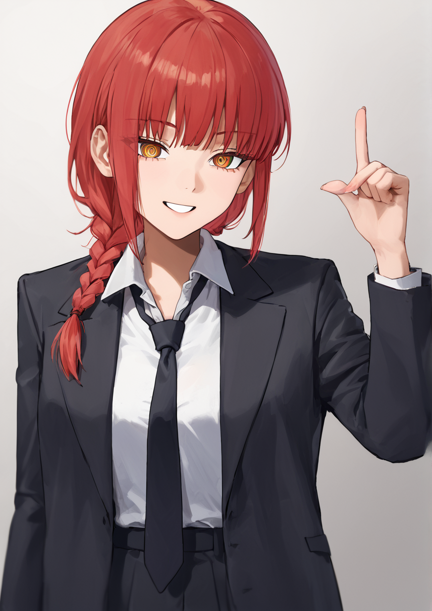 1girl, makima (chainsaw man), huge breast, arm across waist, black jacket, black necktie, blunt bangs, braid, braided ponytail, collared shirt, finger to head, formal, half-closed eyes, hand up, index finger raised, jacket, looking at viewer, medium hair, necktie, portrait, red hair, ringed eyes, shirt, sidelocks, single braid, smile, solo, white shirt, yellow eyes,  <lora:ããã³cosbi:0.8>