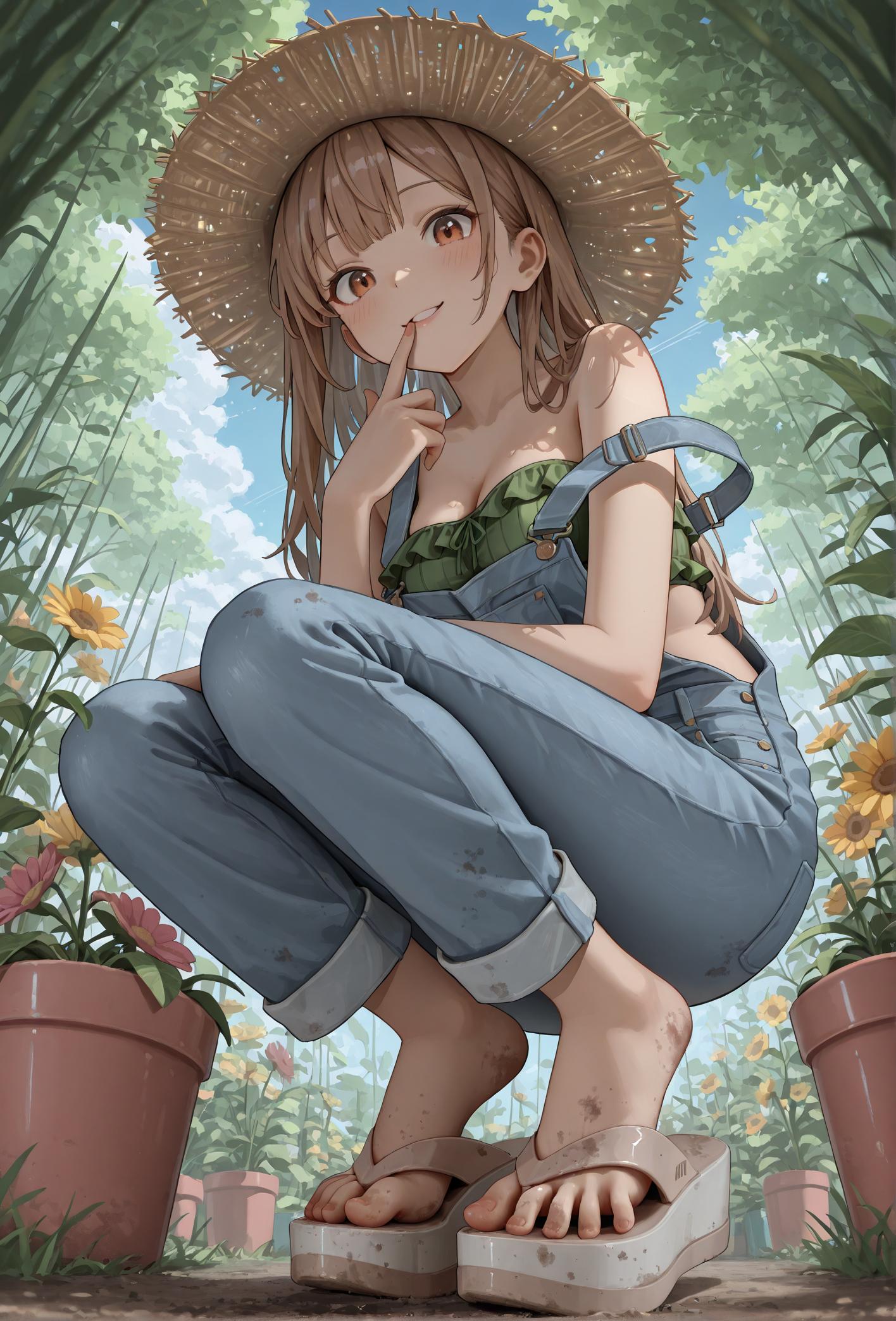 masterpiece, best quality, 
(mlsa flip flops), (platform footwear:1.2),
dirty shoes, dirty feet, (tiptoe:1.2), (spread toes:1.2),
finger on lips, curious, looking at viewer,
low angle, foot focus,
1girl, 
squatting,
straw hat, gardening, outdoors, dappled sunlight,
short denim overalls, strap slip, green frilled bandeau top,
medium breasts, 
happy, cute face,