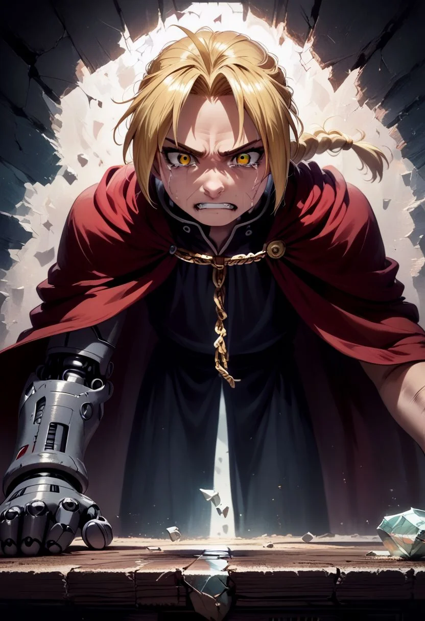 score_9, score_8, score_7, score_6,rating_safe, source_anime,edward_elric, blonde hair, yellow eyes, braid, single braid, braided ponytail, ((red cape)),(single mechanical arm),grit teeth,leaning forward,one hand on Sand table,(glass pieces,glass fragments ,glass fragment),speed line,motion blur,emphasis lines,(ashes,powder:1.2),(perspective,front view,wide angle:1.2),(intricate_details_xl:1.5),(narrow room),IncrsXLBrknGls,(broken glass,detailed reflection,light particles:1.5),(gold chains:1.8),concept art, digital art, realistic,Sand table,tears,lined tears,tears on table