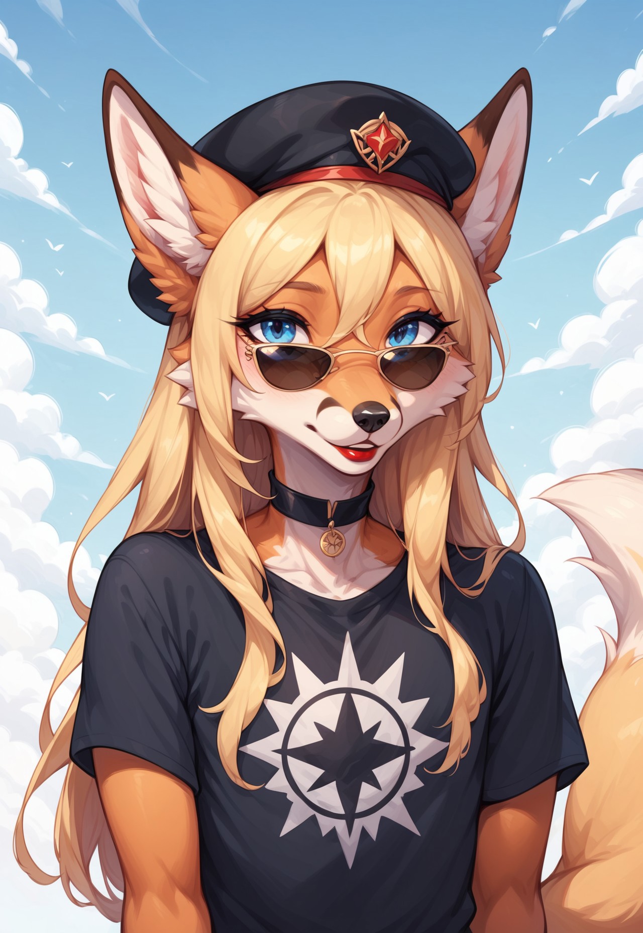 masterpiece, score_9_up, score_8_up, score_7_up, score_6_up, score_5_up, source_furry, (best quality:1.1), ultra-detailed, high resolution, 1girly male, anthro fox, feminized male, Girly, Femboy, Sissy, (beautiful blue eyes), Long eyelashes, red lipstick, Long eyelashes, Blonde long hair, black nose, Fox tail, sunglasses, black t-shirt, black beret with the emblem BREAK portrait, upper body BREAK Highly Visible, sharp focus, perfect lighting, anatomically correct, extremely detailed, high detail, Expressiveh, abstract background, OverallDetail, zPDXL3
