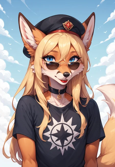 masterpiece, score_9_up, score_8_up, score_7_up, score_6_up, score_5_up, source_furry, (best quality:1.1), ultra-detailed, high resolution, 1girly male, anthro fox, feminized male, Girly, Femboy, Sissy, (beautiful blue eyes), Long eyelashes, red lipstick, Long eyelashes, Blonde long hair, black nose, Fox tail, sunglasses, black t-shirt, black beret with the emblem BREAK portrait, upper body BREAK Highly Visible, sharp focus, perfect lighting, anatomically correct, extremely detailed, high detail, Expressiveh, abstract background, OverallDetail, zPDXL3