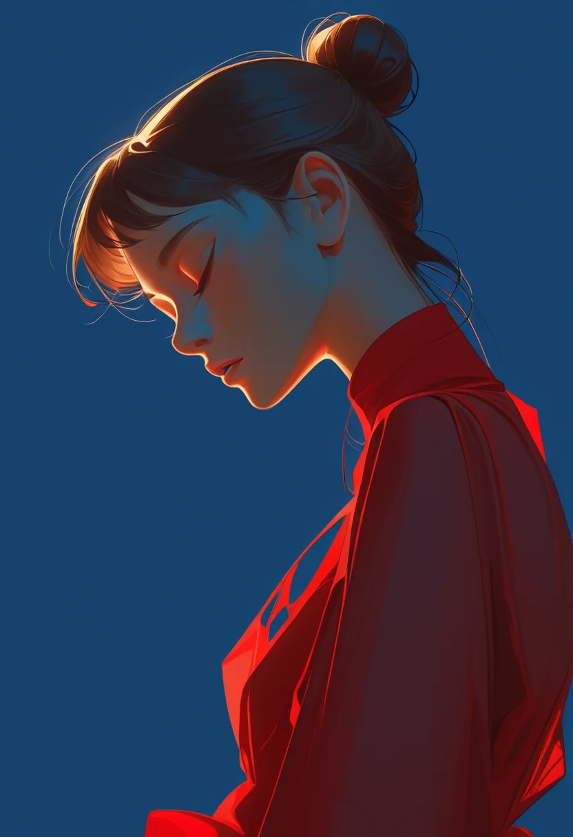 L1GHTM4K3R, 1GIRL, CLOSED EYES, BROWN HAIR, UPPER BODY, PARTED LIPS, SINGLE HAIR BUN, SOLO, BLACK HAIR, Red Dress,  Blue simple background,  Backlight <lora:LightMaker-000007:1>