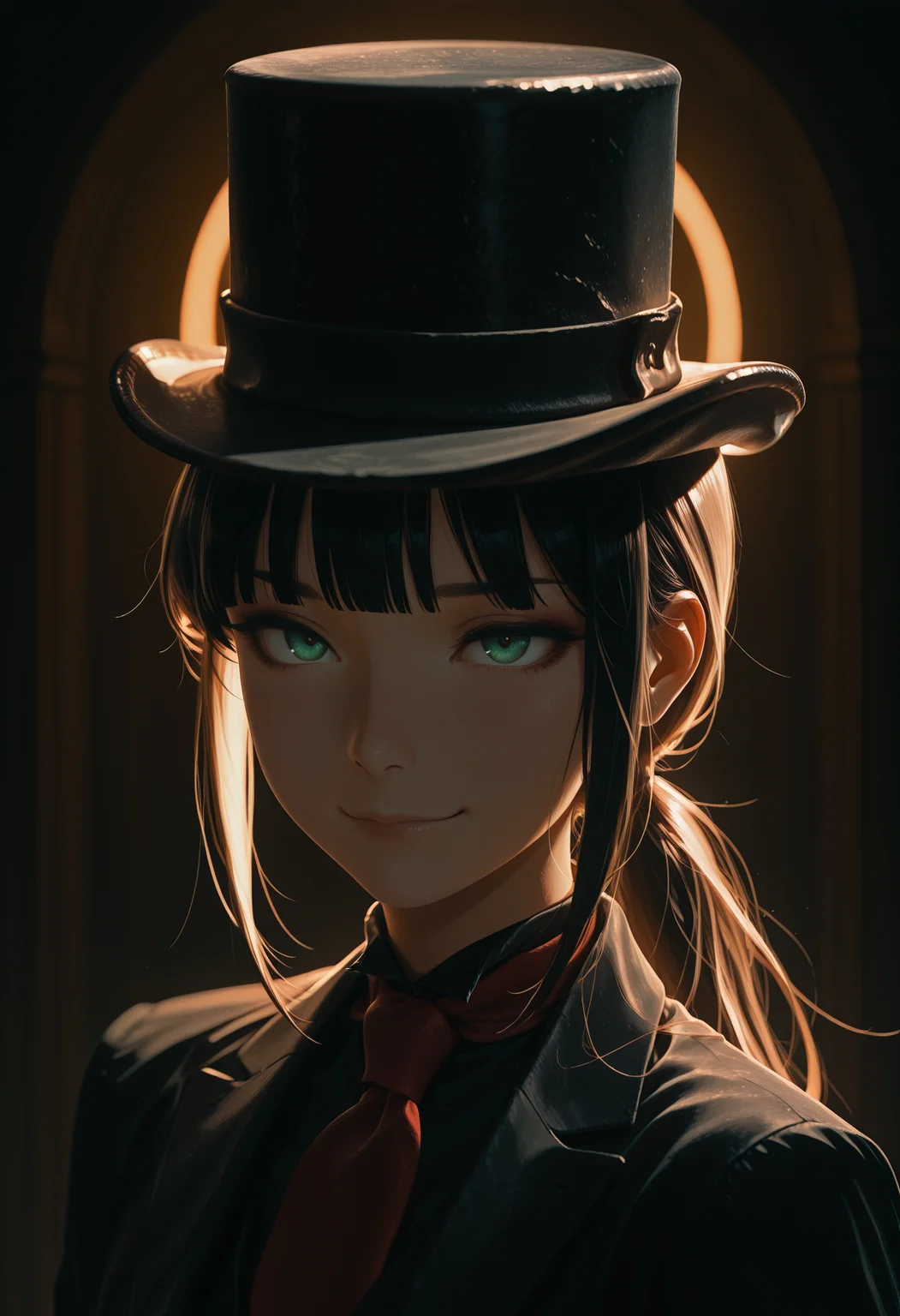 aesthetic, masterpiece, artwork, best quality, best, anime, detailed, detailed body,
1girl, solo, close-up face, perfect face, eyeliner, medium tits, smirk, long pigtail, ponytail, blunt fringe, green eyes, classic black tuxedo, red tie, cylinder hat, black cylinder on head, BREAK
standing, volumetric lighting, cinematic lighting, dark monochrome background, spotlightm contrast,
<lora:Classic_Cylinder_Hat:1>