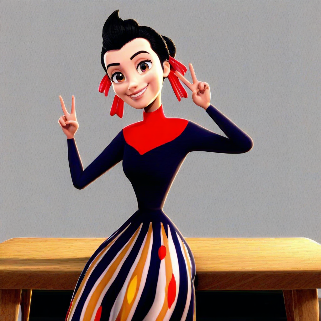 score_9, solo, franny_mtr, 1girl, black hair, single hair bun, hair ribbon, dress, v, looking at viewer, smile, sitting, table