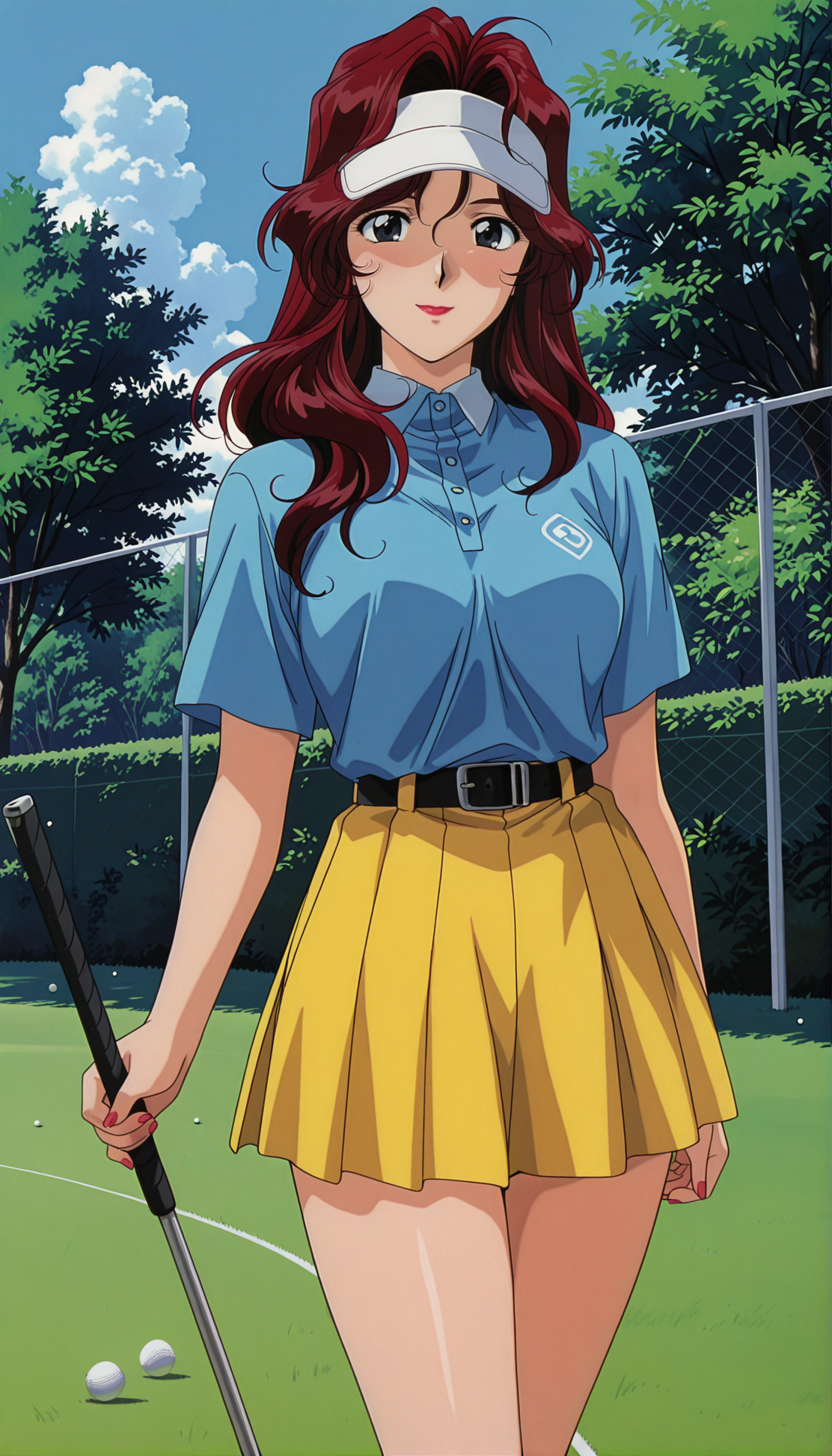 masterpiece,best quality,amazing quality,1990s \(style\),AoiFutaba tm,1girl,solo,lipstick,black eyes,Wine red hair,long hair,visor cap,skirt,golf club,yellow skirt,shirt,blue shirt,short sleeves,pleated skirt,smile,shorts,outdoors,holding,golf ball,day,cowboy shot,looking at viewer,miniskirt,belt,standing,<lora:AoiFutaba ill:0.9>,
