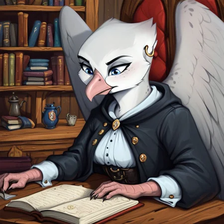masterpiece, score_9_up, score_8_up, score_7_up, score_6_up, source_furry, (best quality:1.1), ultra-detailed, high resolution, solo, Blackrock, griffon, avian, anthro, female, slim body, long eyelashes, eyebrows, (beautiful detailed light blue eyes), beak, evil facial expression, gray-white feathers, gray freckles, feathery ears, tail, wings, earring, black uniform, BREAK black indoors, medieval, home, wooden table, rich decor, sitting, leaning on table, bookshelf, throne, books, candle on table, inkwell, three quarter view, looking down, detailed facial features, expressiveh, highly visible, sharp focus, anatomically correct, detailed background