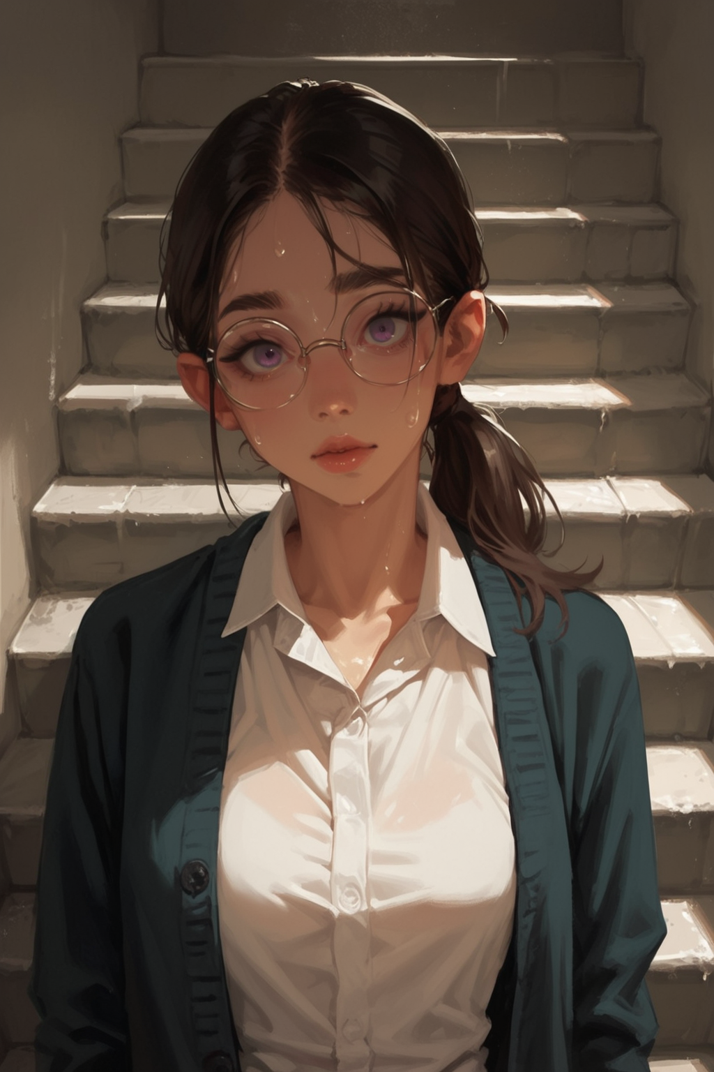 1girl, glasses, purple eyes, solo, looking at viewer, ponytail, white shirt, shirt, upper body, round eyewear, cardigan, stairs, brown hair, breasts, parted  sweatdrop, green hair, long hair, sweater, jacket, open clothes, sweat, medium hair, sidelocks, open cardigan,, zPDXL3, detailxl,  Score_PnyReal, (lineless:1.5)