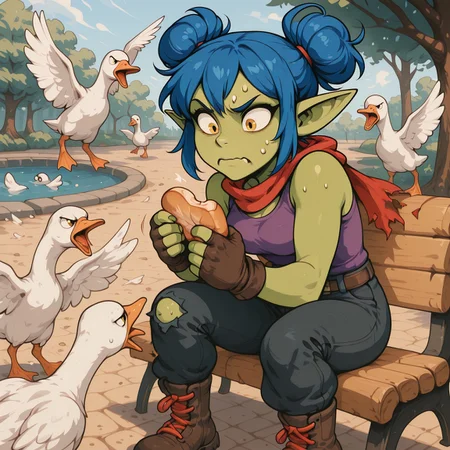 Sniktcore-sdxl, aijalon,
female goblin, original character,
vivid lime green skin, electric cobalt blue hair styled in messy space buns, hot magenta streak in right-side bangs, bright sun yellow eyes, sharp almond-shaped eyes, expressive confident gaze, high contrast pupils, triangular green fingernails,
flowing red scarf, sleeveless deep purple tank top, dark cocoa brown fingerless gloves, ripped midnight blue utility pants, dark cocoa brown combat boots with red laces,
panicked expression,
brightly lit urban park next to a pond, sunny day, park bench, clutching bread, bread crumbs, goose ambush, 6+ geese,
cel shading, clean lineart, stylized, masterpiece, consistent eye design, symmetrical eye rendering, comic-style eye shading, cinematic color contrast,