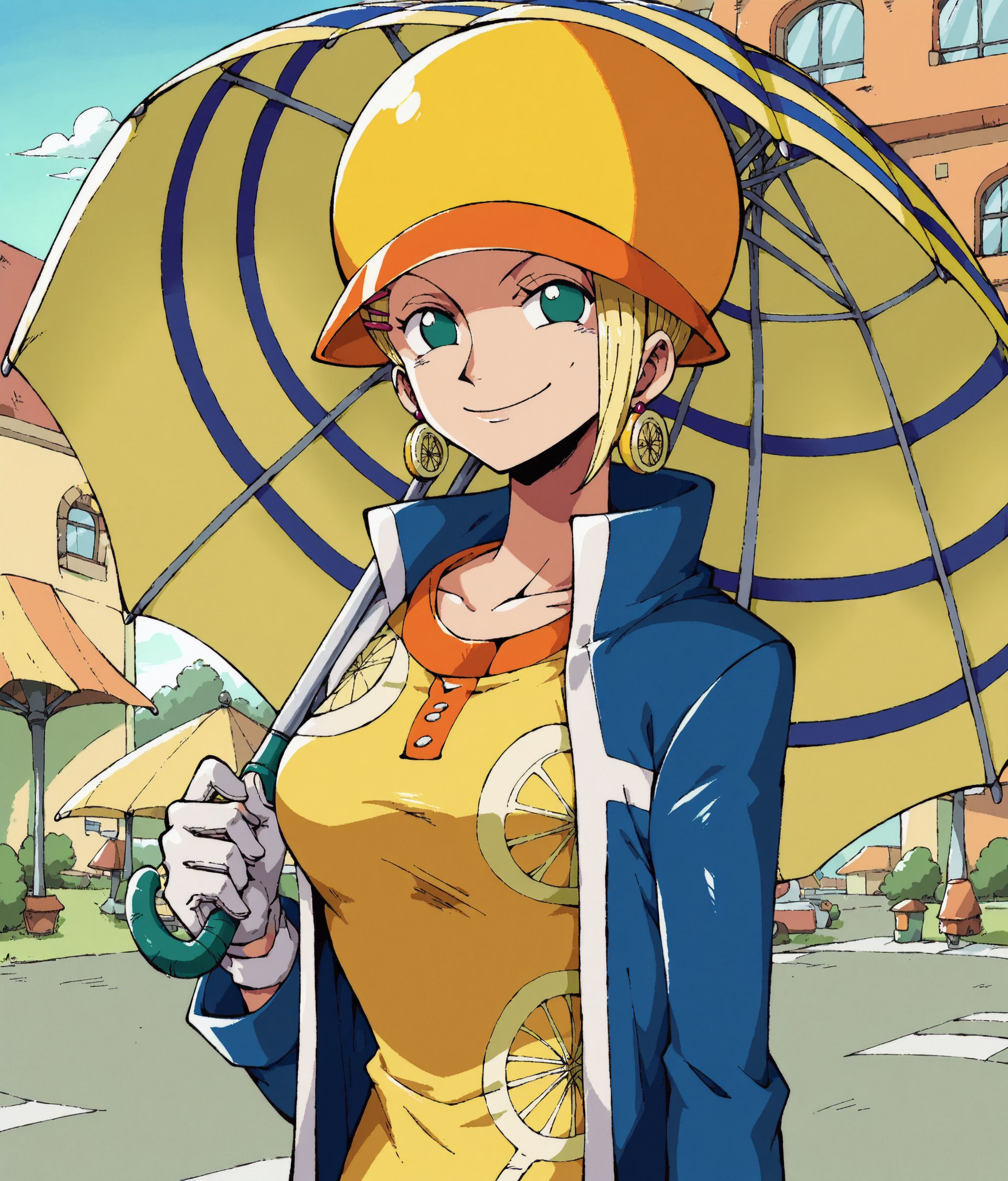 score_9,score_8_up,score_7_up,score_6_up,score_5_up,score_4_up BREAK
(1girl,solo:1.2),Mikita,blonde hair,green eyes,orange brim yellow crochet hat,miniskirt,short hair,blue coat,long sleeves,orange yellow dress,lemon earrings,pink hairclip,white gloves,<lora:Mikita101064v2_ponyDV6> BREAK
cowboy_shot,standing,smile,(resort city street:1.2),closed mouth,holding umbrella,