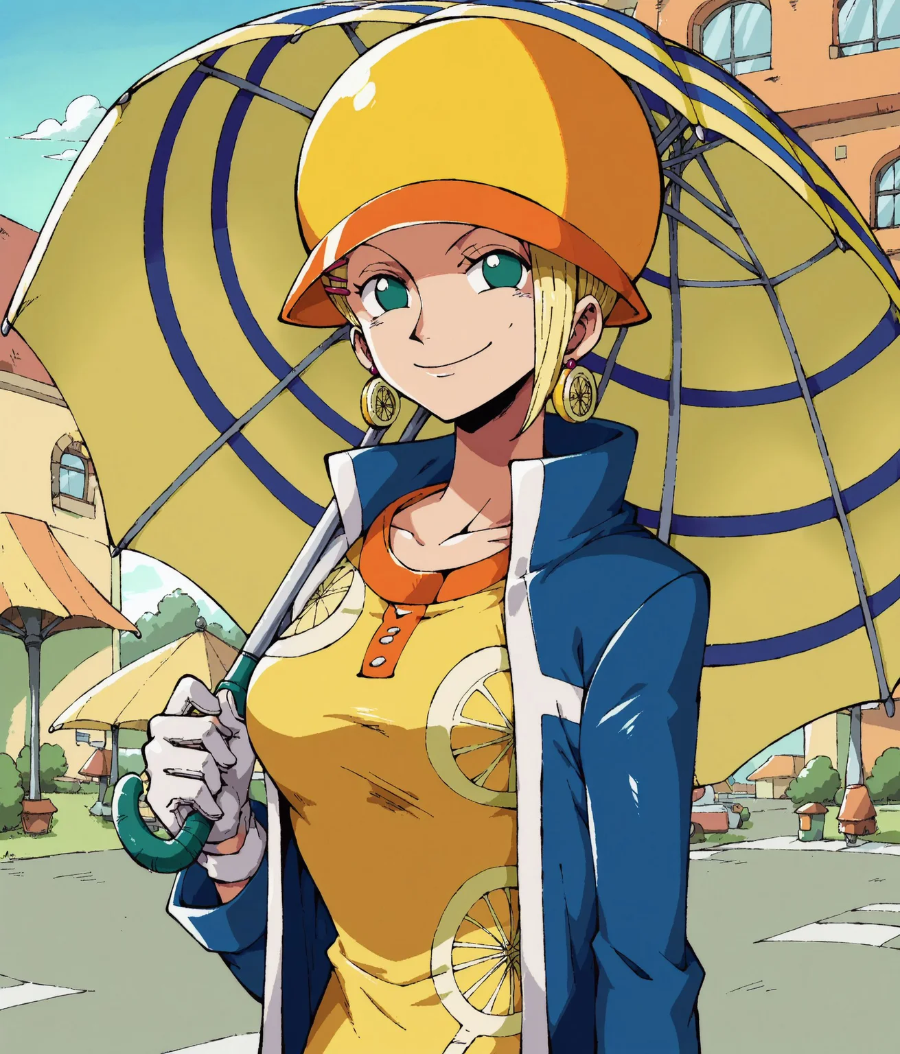 score_9,score_8_up,score_7_up,score_6_up,score_5_up,score_4_up BREAK
(1girl,solo:1.2),Mikita,blonde hair,green eyes,orange brim yellow crochet hat,miniskirt,short hair,blue coat,long sleeves,orange yellow dress,lemon earrings,pink hairclip,white gloves,<lora:Mikita101064v2_ponyDV6> BREAK
cowboy_shot,standing,smile,(resort city street:1.2),closed mouth,holding umbrella,