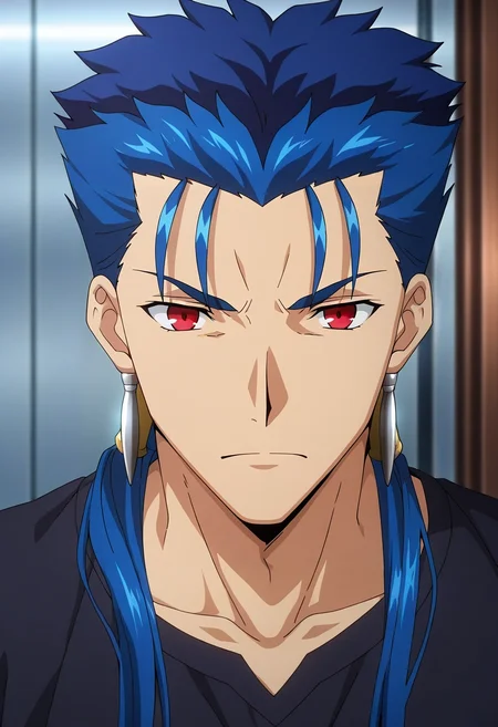 masterpiece, best quality, , anime screencap, anime coloring, , , 1boy, solo, male focus, <lora:lancer_fsn_ilxl:1>, lancer_fsn, cu chulainn \(fate\), blue hair, red eyes, long hair, ponytail, spiked hair, , , ,