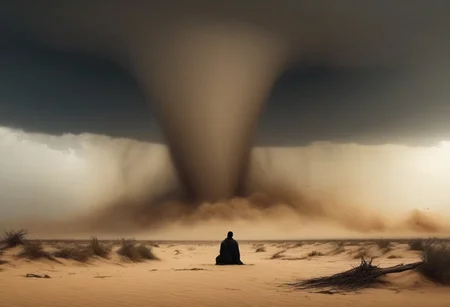 desert, day, sand storm, sand tornado,
graphic style of novel comics,dark novel, 2d, 8k, hyperrealism, masterpiece, high resolution, best quality, ultra-detailed, super realistic, Hyperrealistic art, high-quality, ultra high res, highest detailed, lot of details, Extremely high-resolution details, incredibly lifelike, colourful, soft cinematic light,
giant tornado vortex,
back view,
rear view of a shaman sitting on the sand, black skin, African,