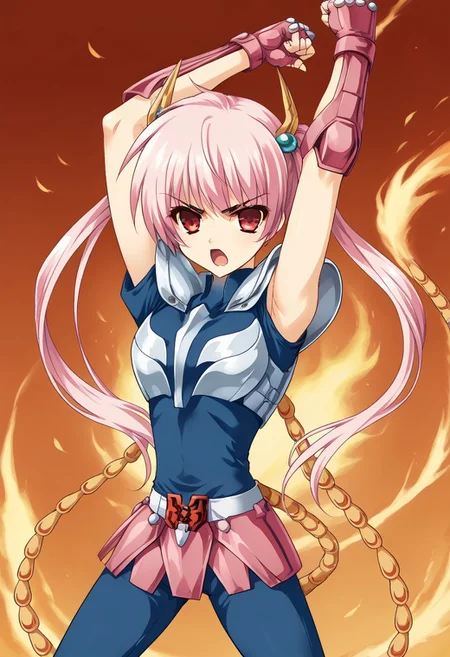 1girl, solo, oukananase, pink hair, long hair, twintails, hair bobbles, red eyes, silver breastplate, silver pauldrons, blue undershirt, magenta vambraces, magenta fingerless gloves, belt, belt buckle, magenta faulds, tail feathers, phoenix tail feathers, blue pants, magenta greaves, standing, serious, open mouth, angry, jumping, fighting stance, arms outstreched, fists, fire background, bird, fire bird, phoenix