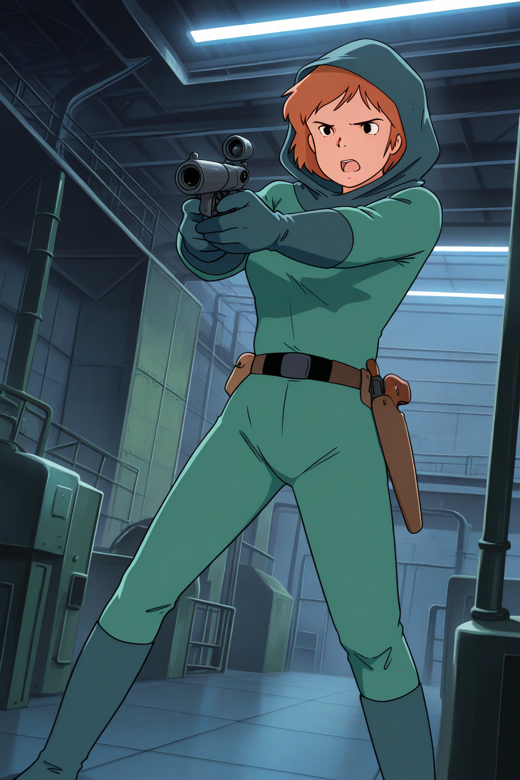 masterpiece, best quality, amazing quality, absurdres, solo, conanmonsley, serious, standing, holding gun, aiming, open mouth, dutch angle, green hood, hood up, green bodysuit, green gloves, green boots, indoors, factory, military base, warehouse
