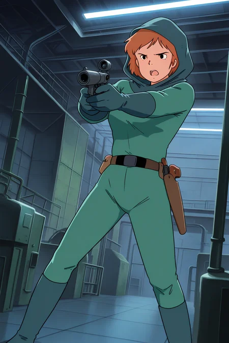 masterpiece, best quality, amazing quality, absurdres, solo, conanmonsley, serious, standing, holding gun, aiming, open mouth, dutch angle, green hood, hood up, green bodysuit, green gloves, green boots, indoors, factory, military base, warehouse
