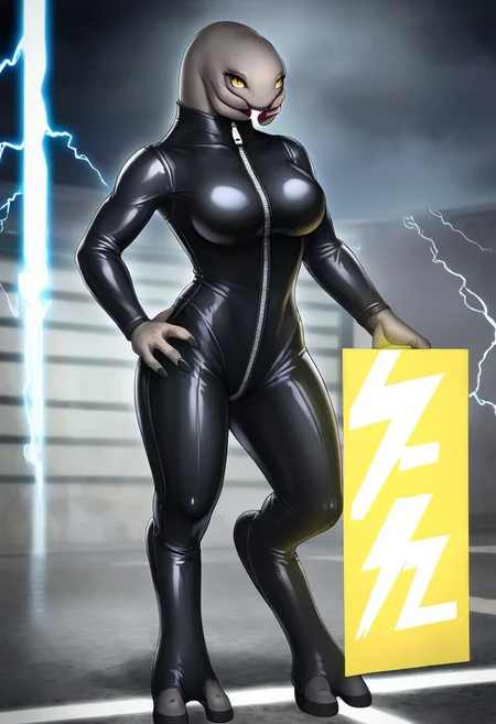 (holding a sign with a yellow cartoon lightning bolt on it), solo, female sangheili wearing a black full body latex catsuit, detailed background