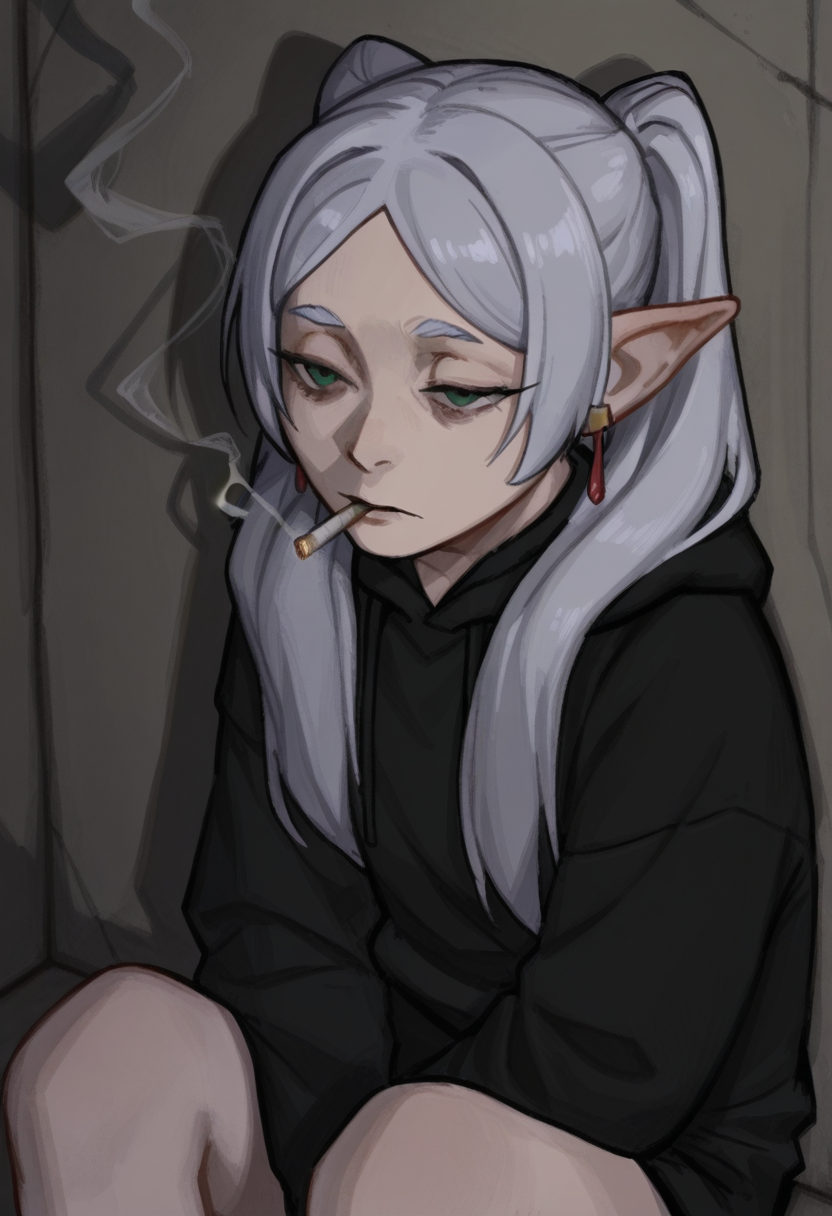 3m1l3style,   masterpiece, best quality, solo,                                                                                                                                                                                          frieren, sousou no frieren, twintails, green eyes, depressed, cat ear black hoodie, eyes half closed, smoking a cigarette, sitting against a wall