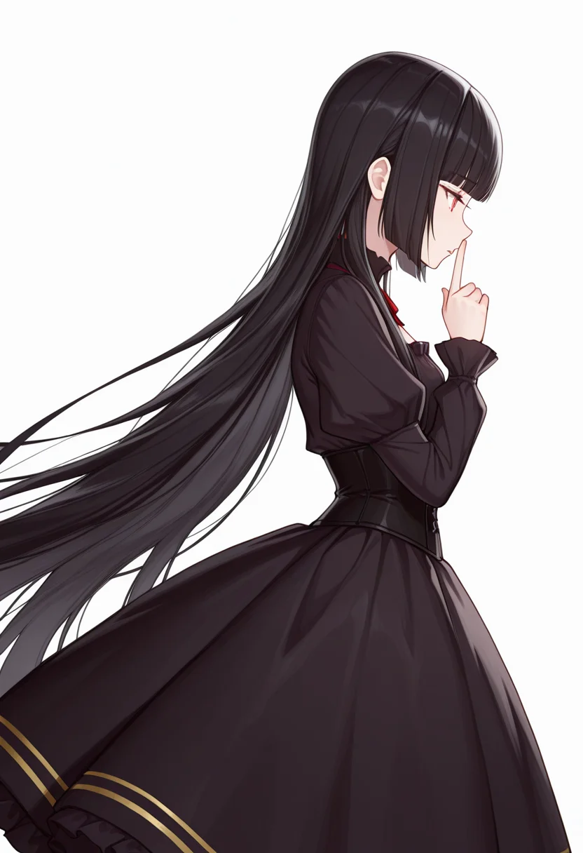 Smooth Quality,masterpiece,very intricate, high quality details, ultra realistic, high detailed skin,detailed enviorement,absurdres,
shushing,
<lora:Atre_CNR:0.8> atre_cnr, 1girl, black hair, very long hair,blunt bangs, red eyes,, simple background, white background, from side,solo,, depressed,, blouse, ,corset top, ,circle skirt, ,